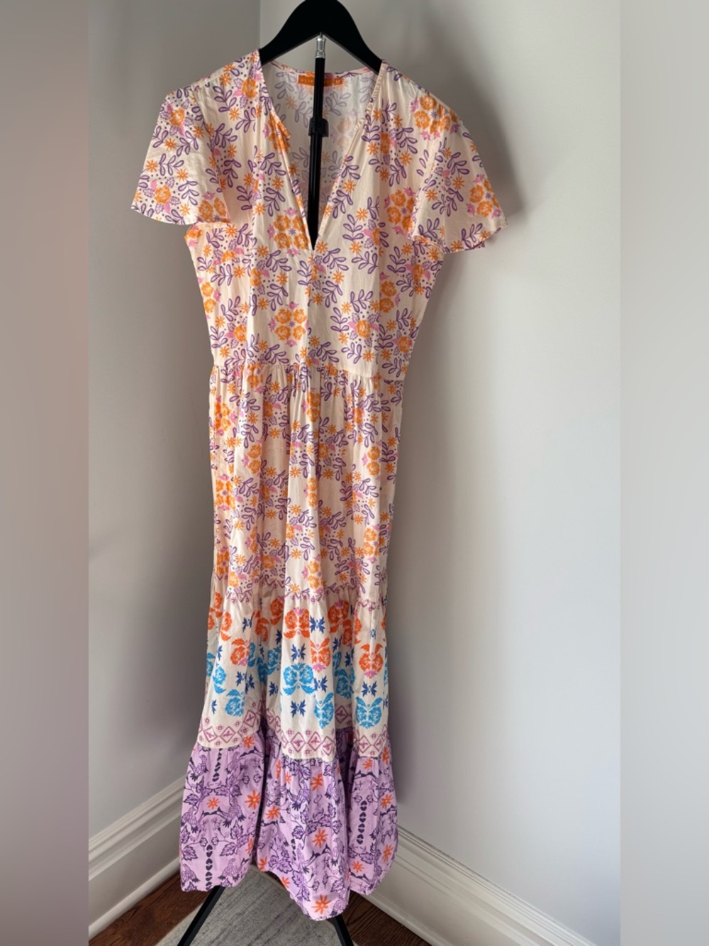 Oliphant Cream Floral Tiered Dress with Purple & Orange Accents